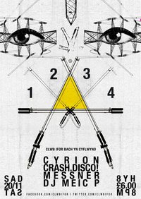 Cyrion, Crash.Disco!, Messner, DJ Meic P, poster gan Huw Evans